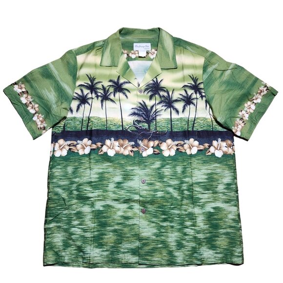 Bishop St Hawaiian Aloha Shirt Mens Button Up Large Green Palm Tree Hibiscus - Picture 1 of 6
